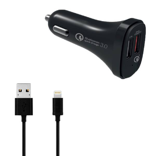 Adaptér do auta WG 2xUSB, QC 3.0, 5,4A, 18W + Lightning kabel černý

