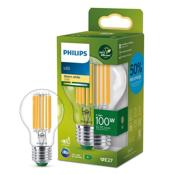 Žárovka LED Philips 100W, filament, A60, E27, teplá bílá 

