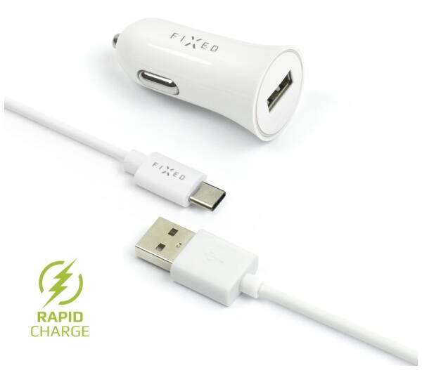 Adaptér do auta FIXED 1x USB, 2,4A + USB-C kabel bílý


