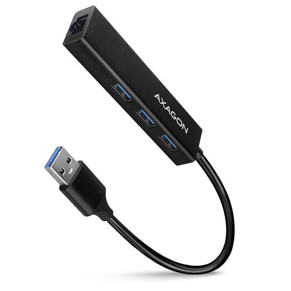 USB Hub Axagon USB 3.2 Gen 1 hub, 3x USB-A + Gigabit Ethernet, kabel USB-A 20cm černý

