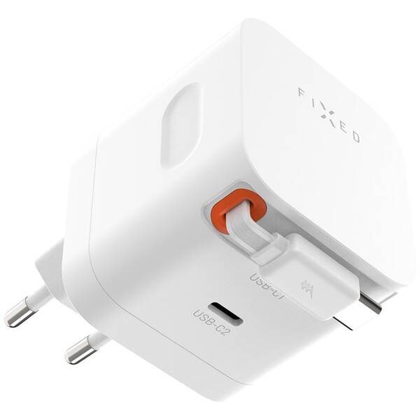 Nabíječka do sítě FIXED GaN 2xUSB-C, PD 3.0, se samonavíjecím kabelem, 65W bílá

