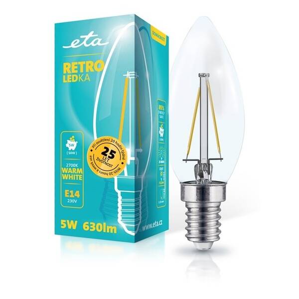 Žárovka LED ETA RETRO LEDka svíčka filiament 5W, E14, teplá bílá 

