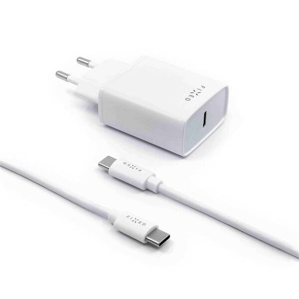 Nabíječka do sítě FIXED USB-C PD, 18W + USB-C kabel 1m bílá

