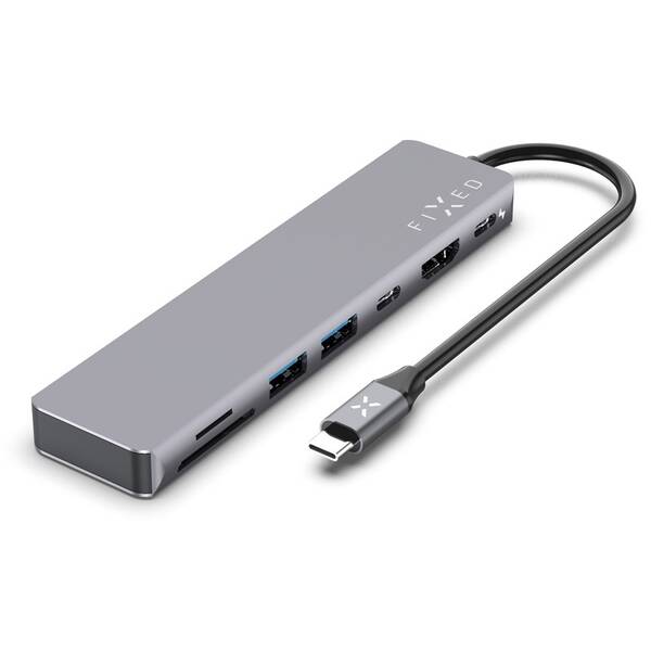 USB Hub FIXED USB-C/2x USB 3.2, HDMI, USB-C, USB-C PD 87W, SD, Micro SD šedý

