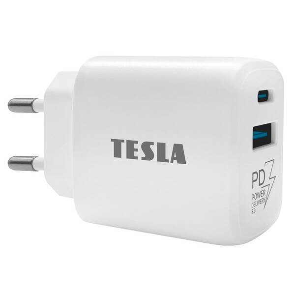 Nabíječka do sítě TESLA Power Charger T220, 1× USB, 1× USB-C 25 W PD 3.0 bílá barva
