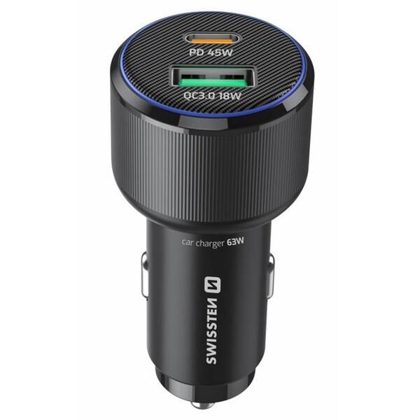 Adaptér do auta Swissten USB-C PD + USB-A, 63W černý

