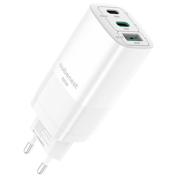 Nabíječka do sítě Cubenest S3D0 GaN, 1x USB, 2x USB-C PD, 65 W bílá

