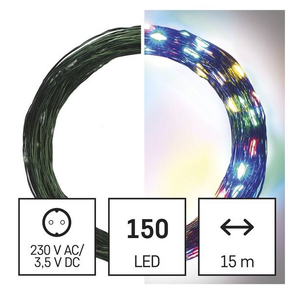 Vánoční osvětlení EMOS 150 LED nano řetěz zelený, 15 m, venkovní i vnitřní, multicolor, časovač 


