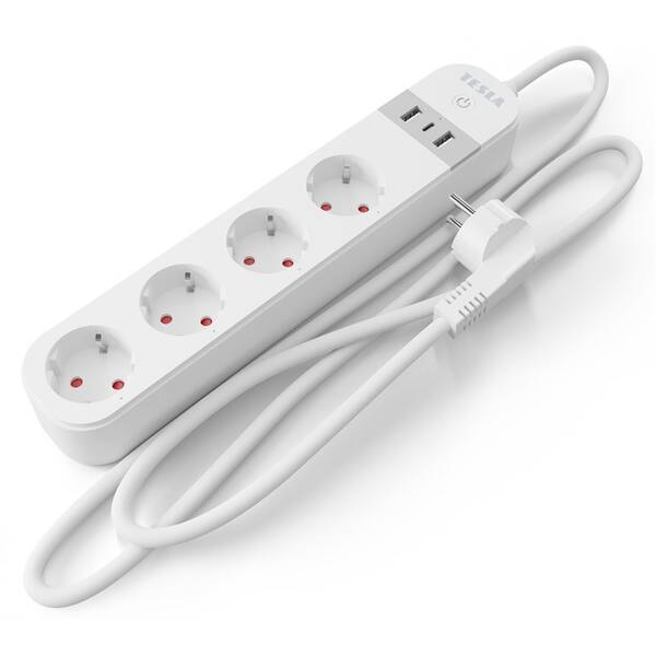 Kabel prodlužovací Tesla PS300, 4x zásuvka/1x USB-C/2x USB-A bílý

