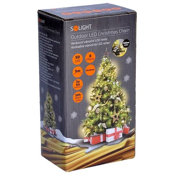 Vánoční osvětlení Solight řetěz, 50LED, 5+3 m, 8 funkcí, IP44. 3x AA, teplá bílá 

