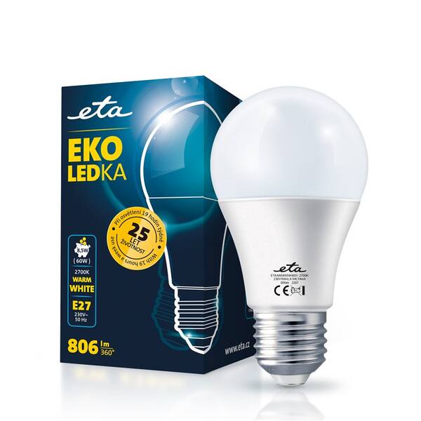Žárovka LED ETA EKO LEDka klasik 8,5W, E27, teplá bílá 


