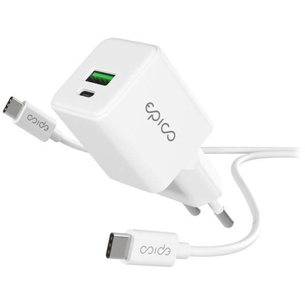 Nabíječka do sítě Epico UltraBoost GaN 20W 1x USB-A/1x USB-C + kabel bílá

