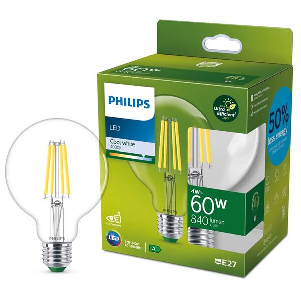 Žárovka LED Philips 60W, filament, G95, E27, neutrální bílá 

