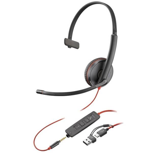 Headset HP Poly Blackwire 3215, 3,5 mm jack + USB-C/A adaptér, mono černý

