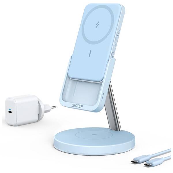 Bezdrátová nabíječka Anker PowerWave Mag-Go 2-in-1 Stand 5K modrá

