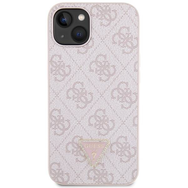 Kryt na mobil Guess 4G Strass Triangle Metal Logo na Apple iPhone 15 růžový

