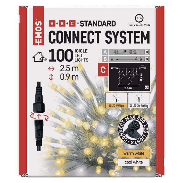 Spojovací řetěz EMOS 100 LED Standard blikající - rampouchy, 2,5 m, venkovní, teplá/studená bílá 

