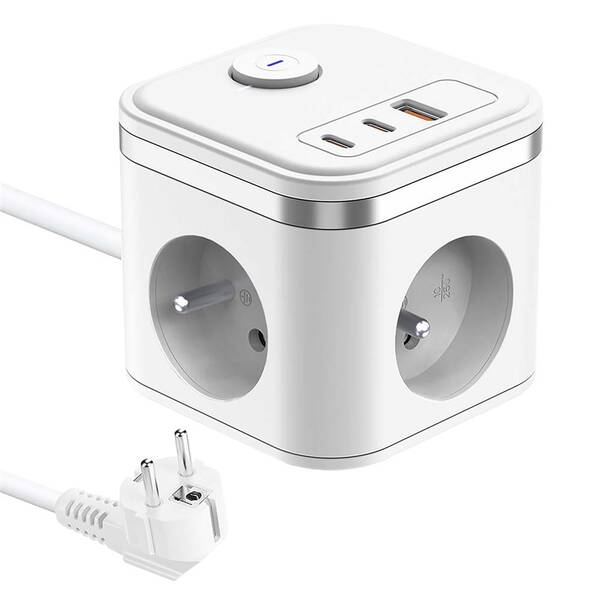 Kabel prodlužovací Viking YC33W, 3x zásuvka, 1x USB-A, 2x USB-C, vypínač, 1,4 m bílý

