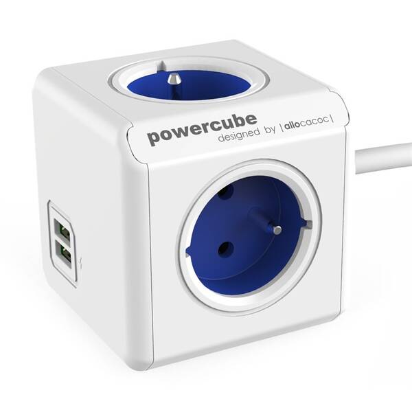 Kabel prodlužovací Powercube USB, 4x zásuvka, 2x USB, 1,5m bílý/modrý

