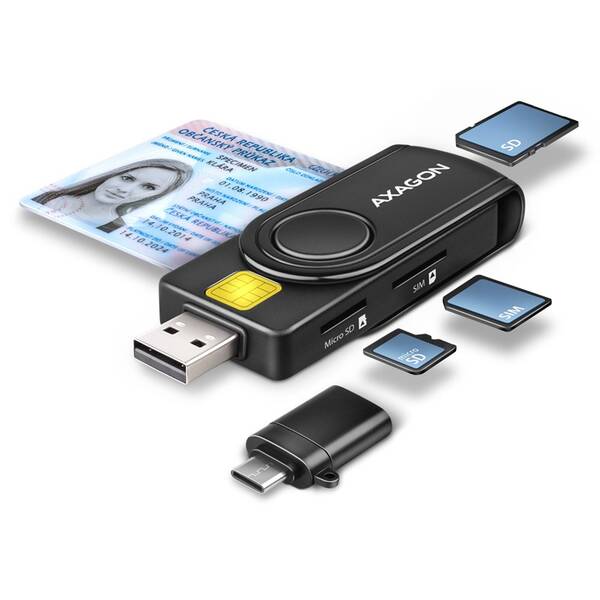 Čtečka eObčanek Axagon USB-A + USB-C PocketReader 4-slot + SD/microSD/SIM černá

