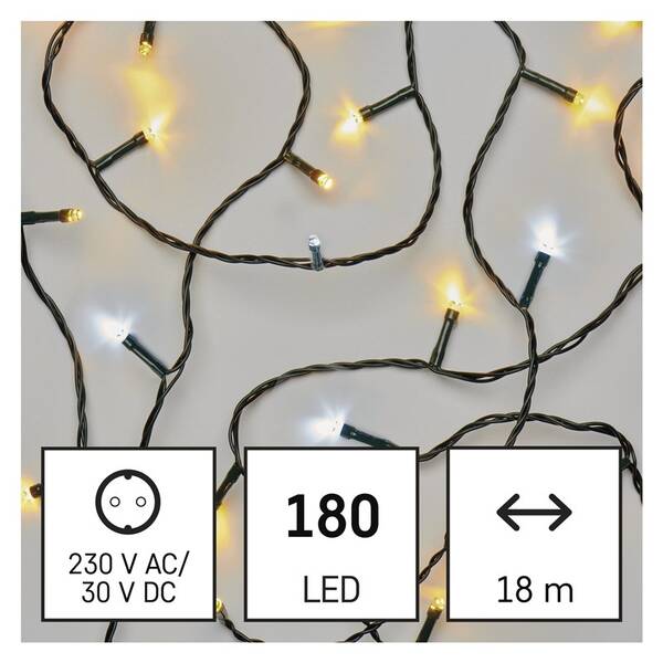 Vánoční osvětlení EMOS 180 LED řetěz, 18 m, venkovní i vnitřní, teplá/studená bílá, časovač 

