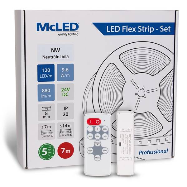 LED pásek McLED s ovládáním Nano - sada 7 m - Professional, 120 LED/m, NW, 880 lm/m, vodič 3 m 

