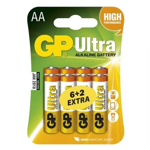 Baterie alkalická GP Ultra AA, LR06, blistr 6+2 ks 

