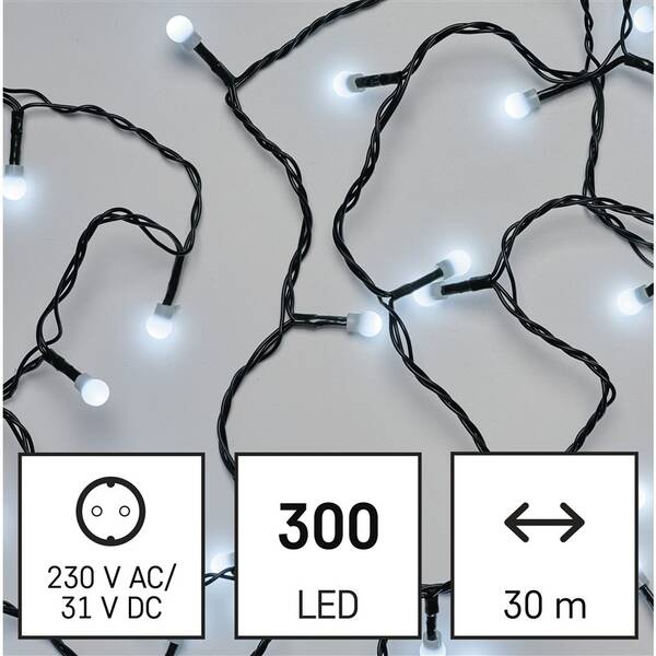 LED řetěz EMOS 300LED cherry řetěz - kuličky, 30 m, venkovní i vnitřní, studená bílá, programy, časovač 

