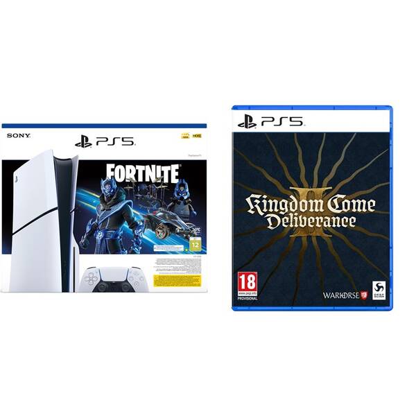 Set výrobků Sony Herní konzole Sony PlayStation 5 (typ modelu - slim) Fortnite Bundle - bílá + Hra PlayStation 5 Kingdom Come: Deliverance II Day One Edition 
