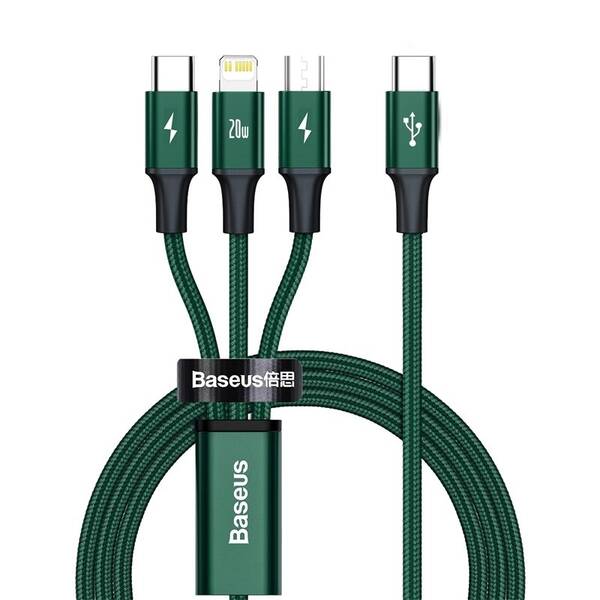 Kabel Baseus Rapid Series 3v1 USB-C (Micro USB/Lightning/USB-C) PD 20W 1,5m zelený

