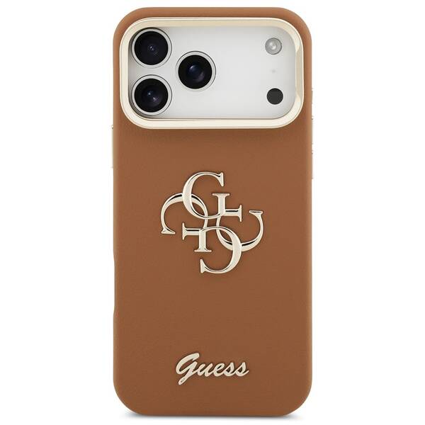 Kryt na mobil Guess PU Grained 4G Logo Stand Camera Frame na Apple iPhone 17 Pro Max hnědý

