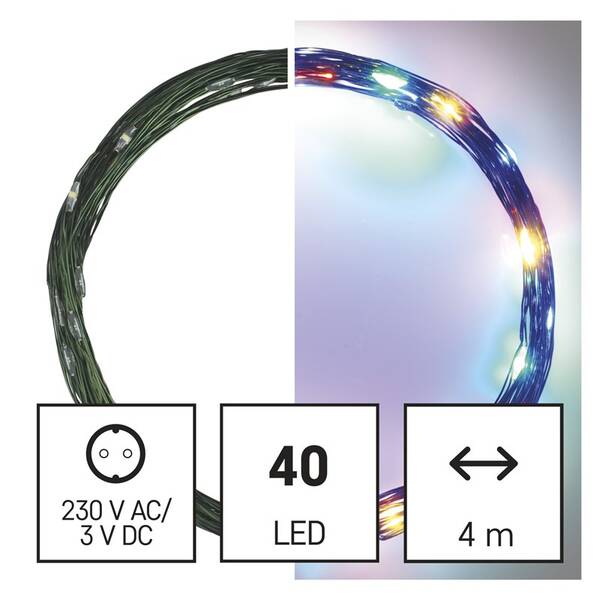 Vánoční osvětlení EMOS 40 LED nano řetěz zelený, 4 m, venkovní i vnitřní, multicolor, časovač 

