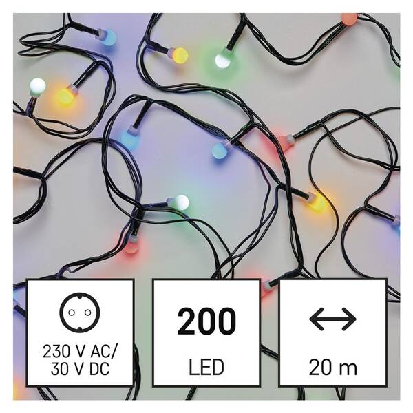 Vánoční osvětlení EMOS 200 LED cherry řetěz - kuličky, 20 m, venkovní i vnitřní, multicolor, časovač 

