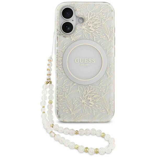 Kryt na mobil Guess IML Flowers Allover Strap MagSafe na Apple iPhone 17 bílý

