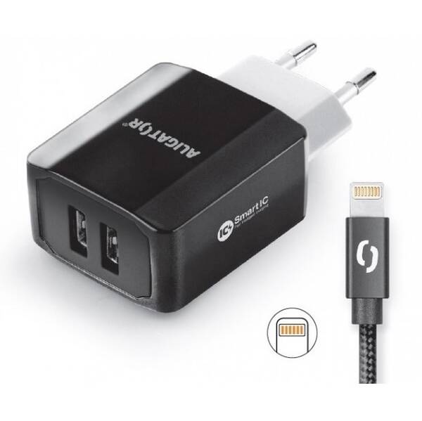Nabíječka do sítě Aligator 2xUSB, smart IC, 3,4A + Lightning kabel černá

