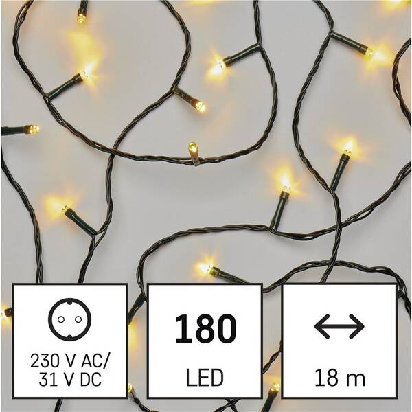 LED řetěz EMOS 180LED řetěz, 18 m, venkovní i vnitřní, teplá bílá, programy, časovač 

