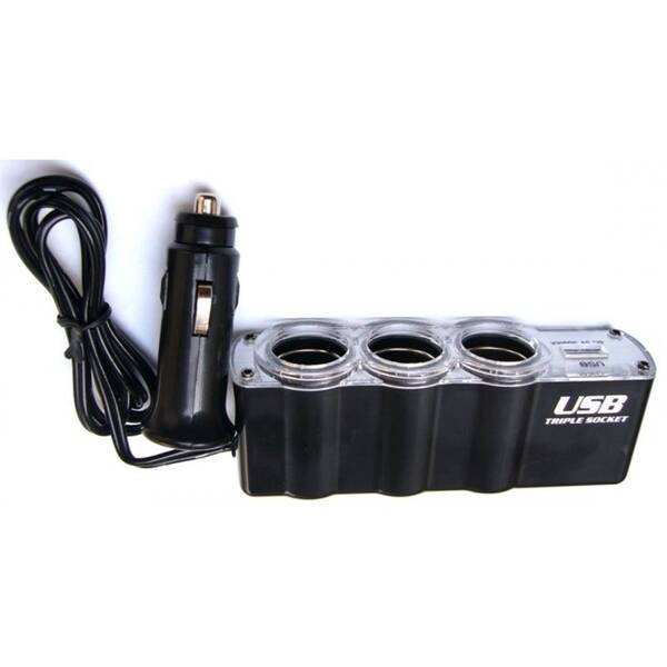 Adaptér do auta WG 3x 12V + USB s prodloužením černý

