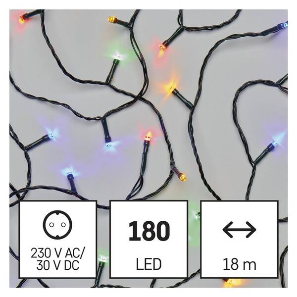 Vánoční osvětlení EMOS 180 LED řetěz, 18 m, venkovní i vnitřní, multicolor, časovač 

