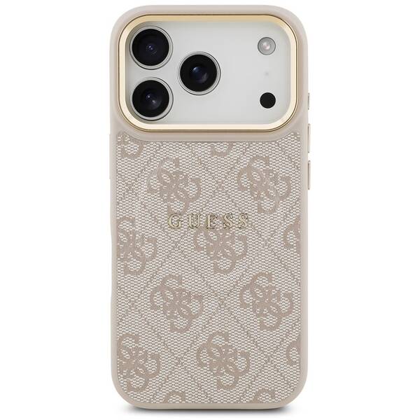 Kryt na mobil Guess PU Leather 4G Gold Frame MagSafe na Apple iPhone 17 Pro růžový

