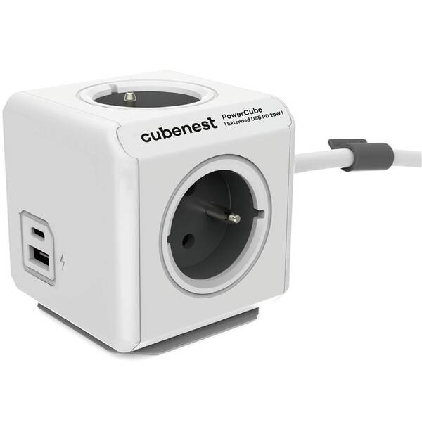 Kabel prodlužovací Cubenest Powercube Extended USB PD 20W, A+C, 4x zásuvka, 3m šedé/bílé

