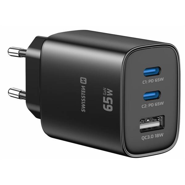 Nabíječka do sítě Swissten EDGE GaN 2x USB-C PD 65W/1x USB-A 18W QC černá

