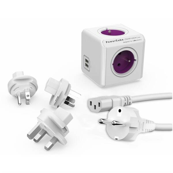 Kabel prodlužovací Powercube Rewirable USB+Travel Plugs+IEC, 4x zásuvka, 2x USB, 1m bílý/fialový

