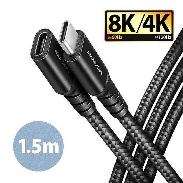 Kabel Axagon prodlužovací kabel USB-C samec / USB-C samice, 1,5m, PD 240W, 8K HD, pletený černý

