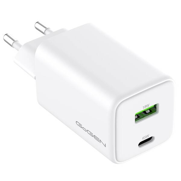 Nabíječka do sítě GoGEN ACHPDQ265, 1x USB-C PD 65W + 1x USB-A 18W bílá


