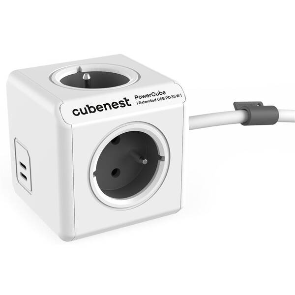 Kabel prodlužovací Cubenest PowerCube Extended USB PD 35W, 2x USB-C, 4x zásuvka, 1,5m šedý/bílý

