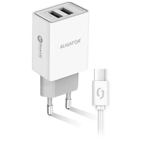 Nabíječka do sítě Aligator 2,4A, 2xUSB, smart IC, USB-C kabel bílá

