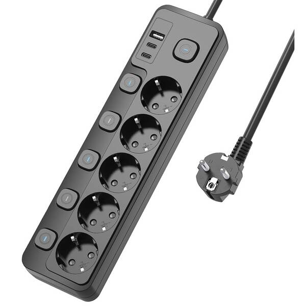 Kabel prodlužovací Viking 5× zásuvka, 1× USB, 2× USB-C, 1,5m černý

