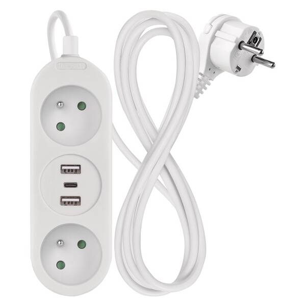 Kabel prodlužovací EMOS 2 x zásuvka, 2x USB, 1x USB-C, 1,4m bílý

