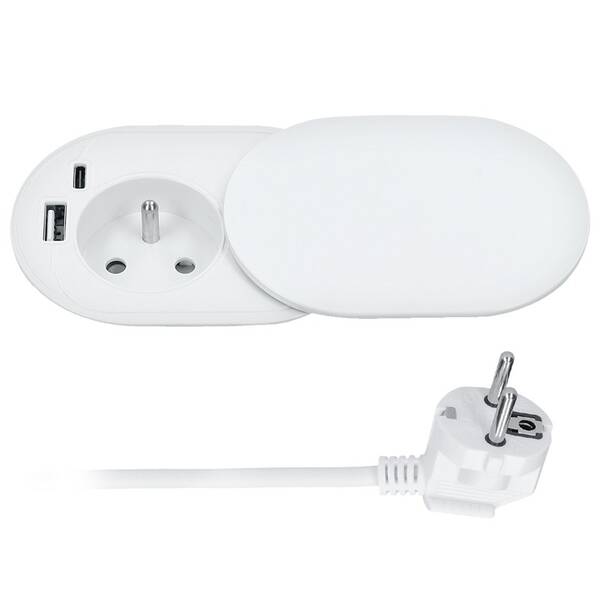 Kabel prodlužovací Solight 1x zásuvka, USB A+C 20W, posuvné víčko, 2 m bílý

