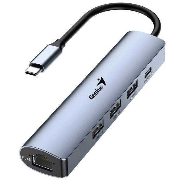 USB Hub Genius UH-545, USB-C/3x USB 3.0, 1x USB-C, 1x RJ-45 šedý

